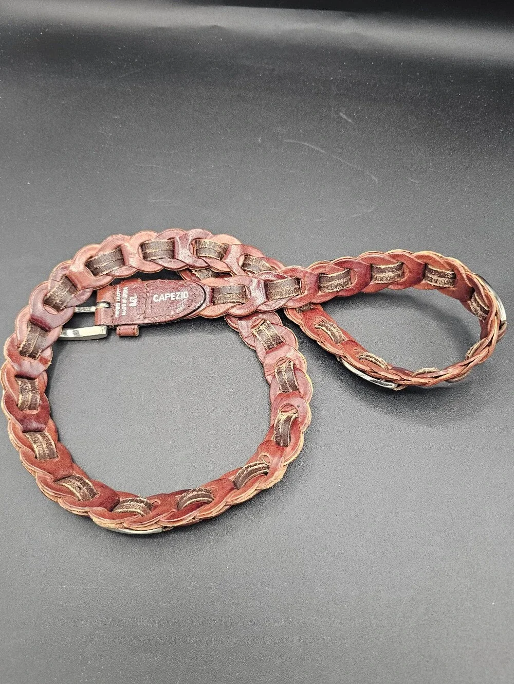 Vtg Capezio Brown Leather Link Belt Western Concho Boho Slip-Braid Belt 90s M/L